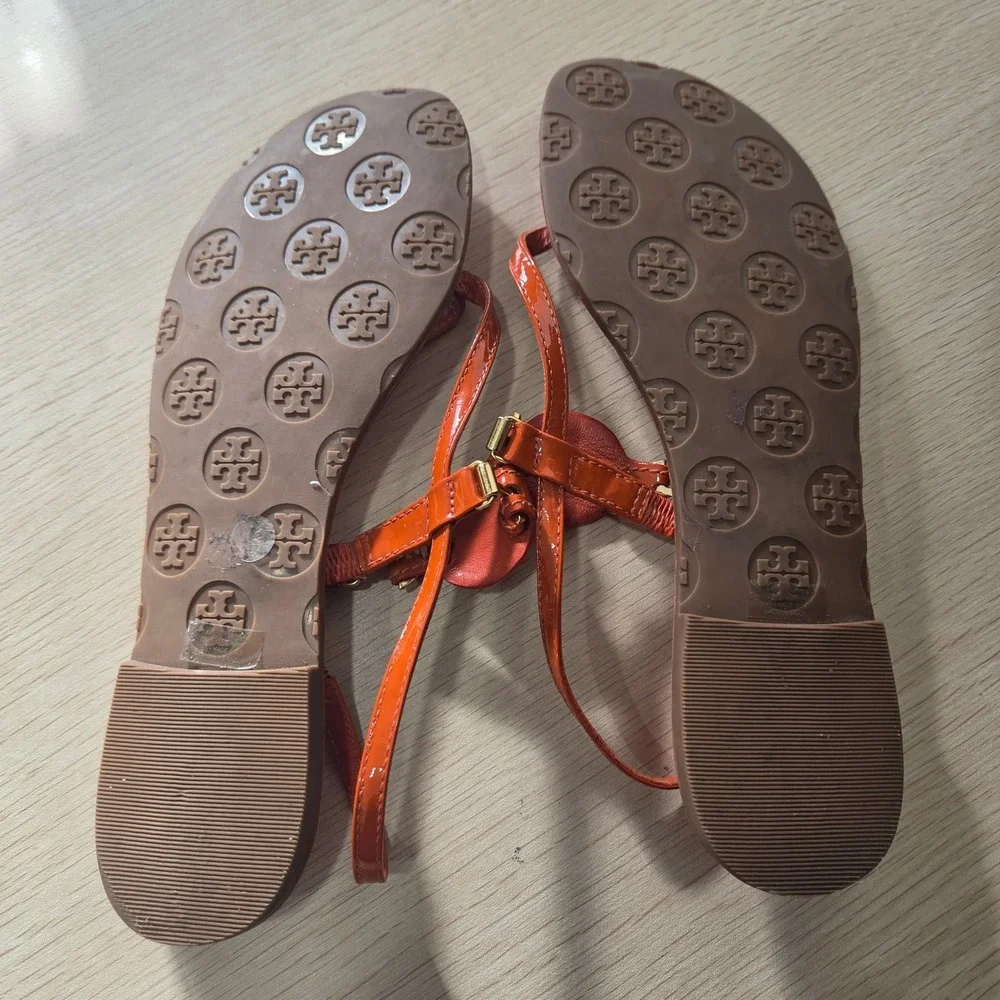 Tory Burch Miller Patent Leather Logo Sandals Orange Gold Size 6.5 M
